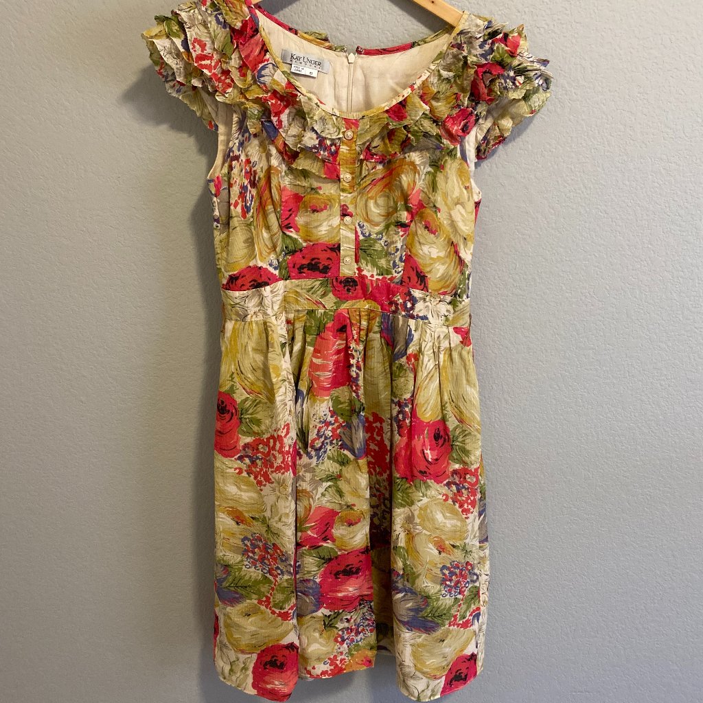 Kay Unger Poppy Flower Dress With Ruffle Neckline | Size 6